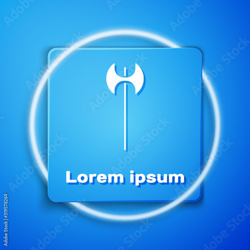 White Medieval axe icon isolated on blue background. Battle axe, executioner axe. Medieval weapon. Blue square button. Vector Illustration