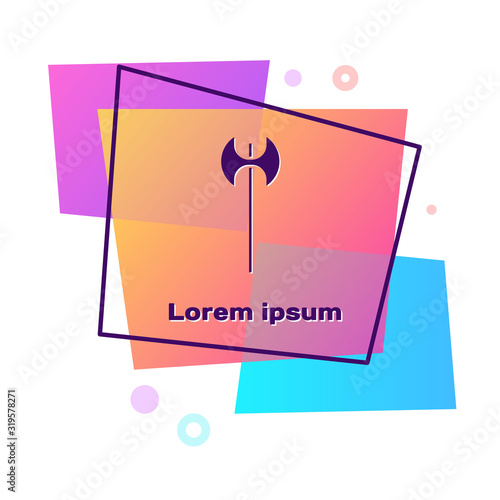 Purple Medieval axe icon isolated on white background. Battle axe, executioner axe. Medieval weapon. Color rectangle button. Vector Illustration