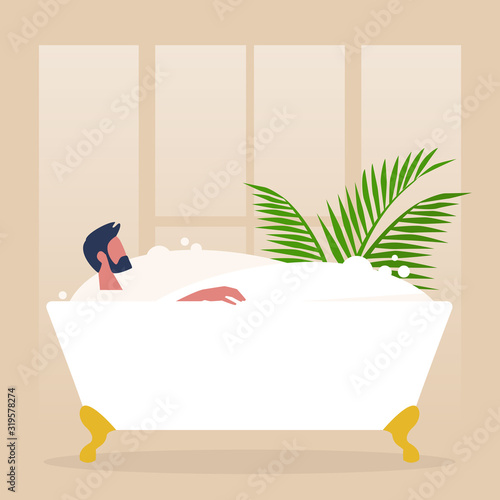 Young male character washing in a clawfoot vintage bathtub full of soap foam, relaxation and body treatment