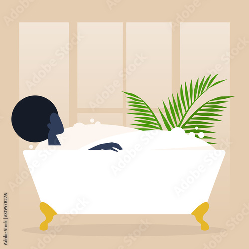 Young black female character washing in a clawfoot vintage bathtub full of soap foam, relaxation and body treatment