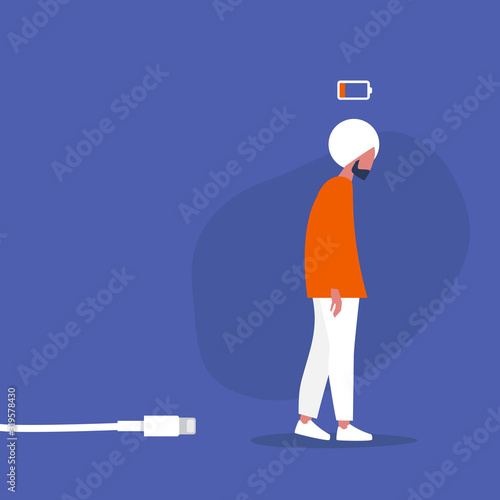 body budget, low battery conceptual illustration, young exhausted indian male character needs to restore the energy balance