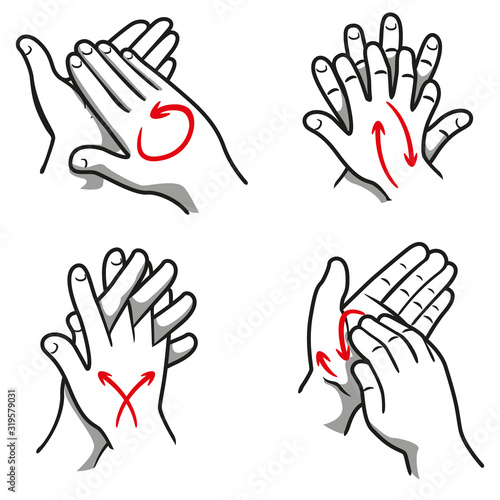 Illustration of a person washing hands in four steps, nail, palm, between the fingers and the top. Ideal for institutional and educational materials
