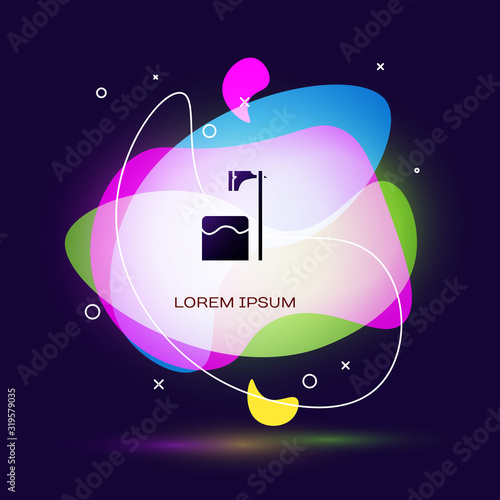 Black Executioner axe in tree block icon isolated on blue background. Hangman, torturer, executor, tormentor, butcher, headsman. Abstract banner with liquid shapes. Vector Illustration