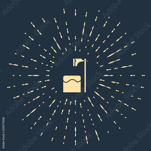 Beige Executioner axe in tree block icon isolated on blue background. Hangman, torturer, executor, tormentor, butcher, headsman. Abstract circle random dots. Vector Illustration