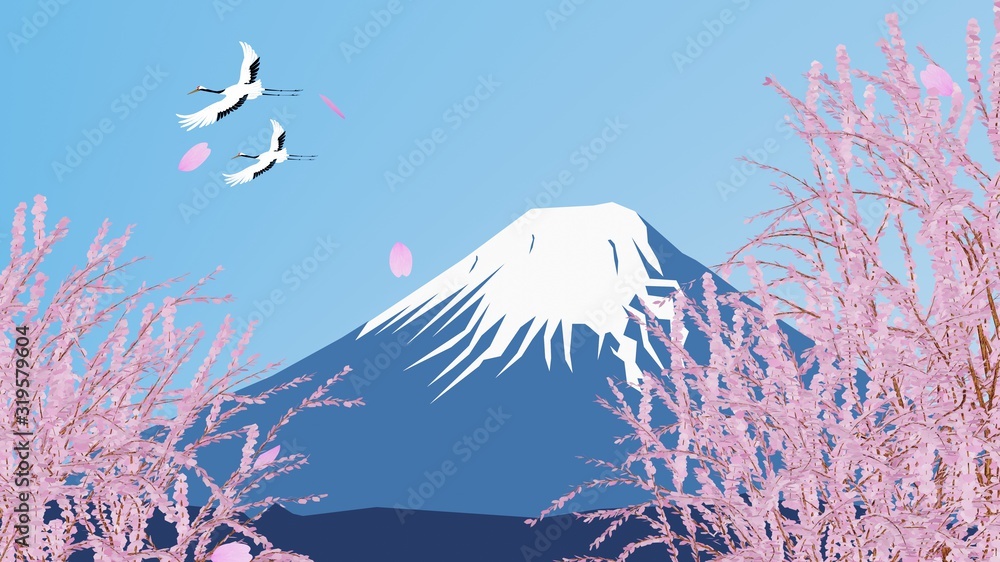 富士山と桜と飛ぶ鶴 Stock イラスト Adobe Stock