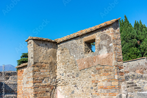 Italy, Pompeii, archaeological area, remains of the city buried by the eruption of ashes and rocks of Vesuvius in 79. Remains of a grocery store.