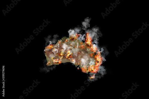 Map of Australia in fire from space; 3D visualization of ecological disaster.