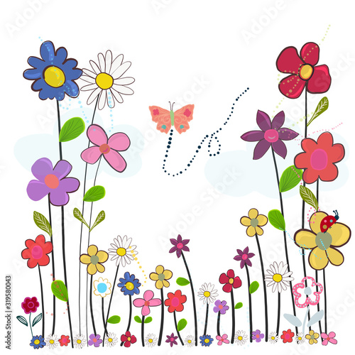Spring time cartoon colorful doodle flowers. Abstract colorful floral vector background