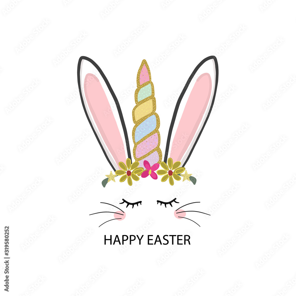 Cute Easter bunny unicorn vector. Happy Easter greeting card