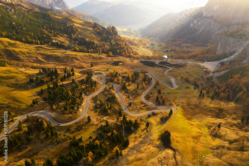 Drone aerial view - windy road in autumn