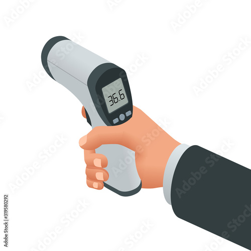 Isometric Medical Digital Non-Contact Infrared Thermometer. It measures the ambient and body temperature without contact with colored warning symbols.