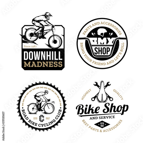 Set of vector black, gold and white bike shop, bicycle service, mountain and road biking clubs and adventures badges