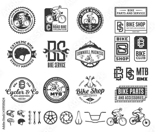 Vector bike shop, club, bicycle service, mountain and road biking badges, icons and design elements