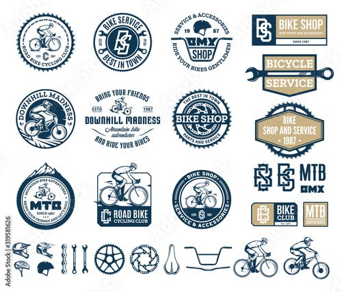 Vector bike shop, club, bicycle service, mountain and road biking badges, icons and design elements