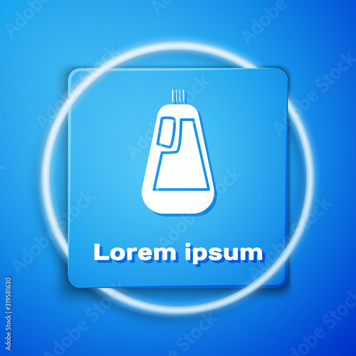 White Plastic bottle for liquid laundry detergent, bleach, dishwashing liquid icon isolated on blue background. Blue square button. Vector Illustration