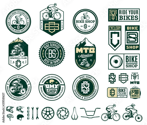 Vector bike shop, club, bicycle service, mountain and road biking badges, icons and design elements