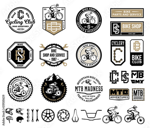 Fotografia Vector bike shop, club, bicycle service, mountain and road biking badges, icons