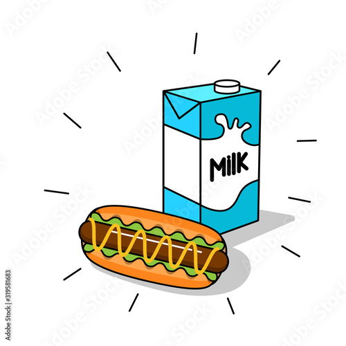 Breakfast object vector.Line art design.Milk and Hot Dog of meal.