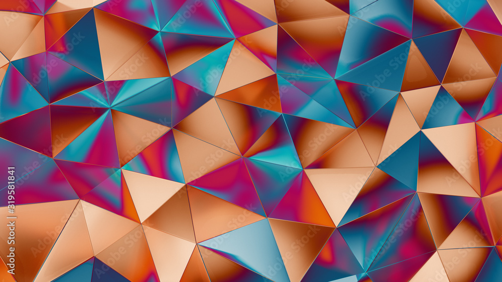 Abstract 3d rendering of multi colored crystal surface. Futuristic background with lines and low poly triangle shape. High resolution 8k. Abstract 3d rendering of multi colored crystal surface. Futuristic background with lines and low poly triangle shape. High resolution 8k.