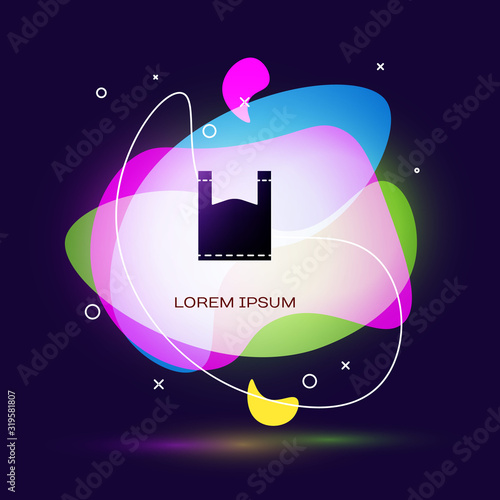 Black Plastic bag icon isolated on blue background. Disposable cellophane and polythene package prohibition sign. Abstract banner with liquid shapes. Vector Illustration