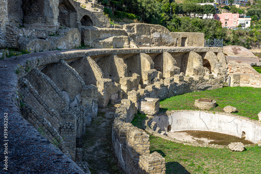 Italy, Naples, Baia, view and details of the archaeological area specialized in the spa treatments of the ancient Romans.