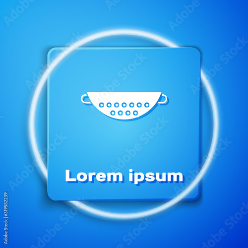 White Kitchen colander icon isolated on blue background. Cooking utensil. Cutlery sign. Blue square button. Vector Illustration