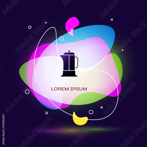 Black French press icon isolated on blue background. Abstract banner with liquid shapes. Vector Illustration