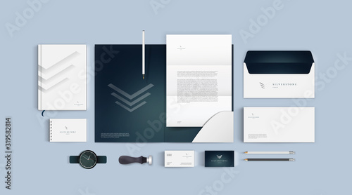 Corporate identity vector template on light background. Black and white elegant minimal firm style. Folder, business card and A4 form, letterhead and envelope.