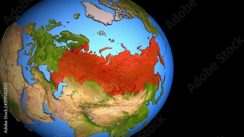 Closing in on Russia on political 3D globe with topography. 3D illustration.