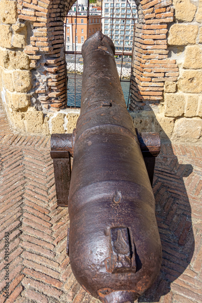 Italy, Naples, close-up of cannon on the stands of the castle of Ovo