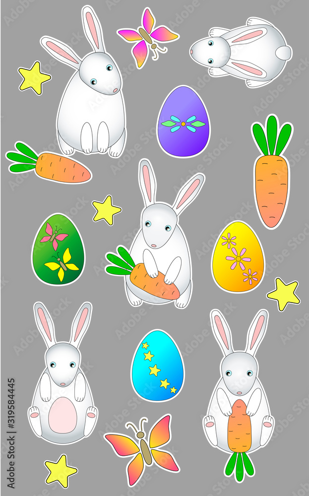 Easter stickers set. Stickers with cute rabbits, colored eggs, carrots, butterflies and stars. Vector templates for stickers on the theme of Easter.