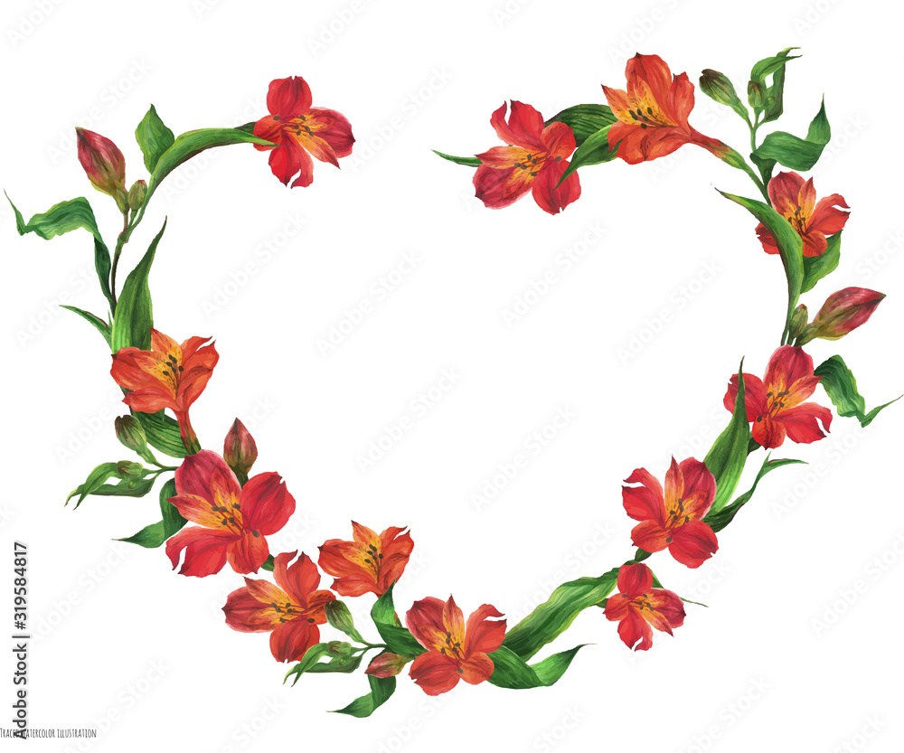 Romantic heart shape wreath with red flowers