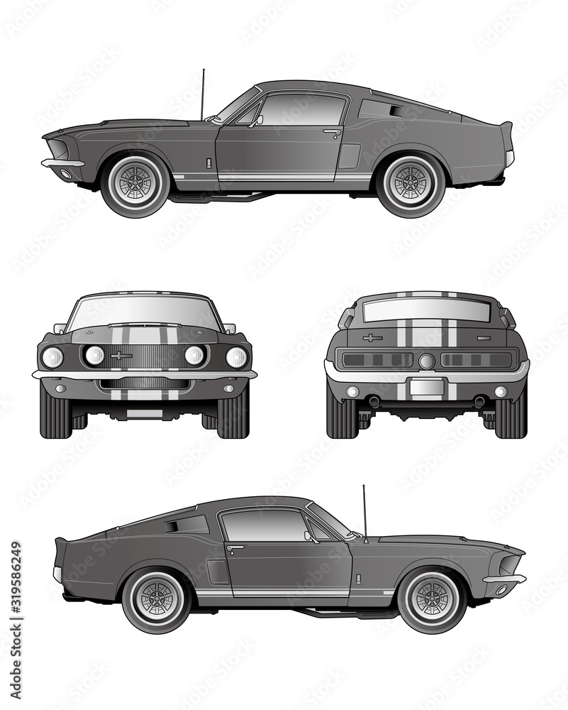60 アメリカ マッスルカー四面図 テクニカルイラスト モノクロ Stock ベクター Adobe Stock