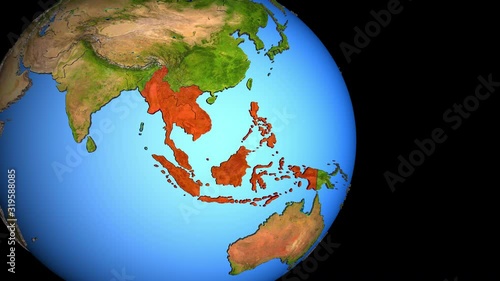 Closing in on South East Asia on political 3D globe with topography. 3D illustration. photo