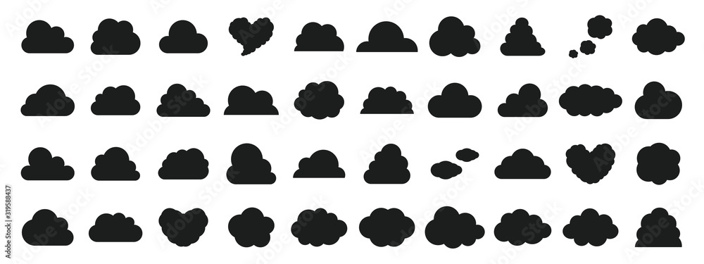  Black and white cloud icon set - obrazy, fototapety, plakaty 