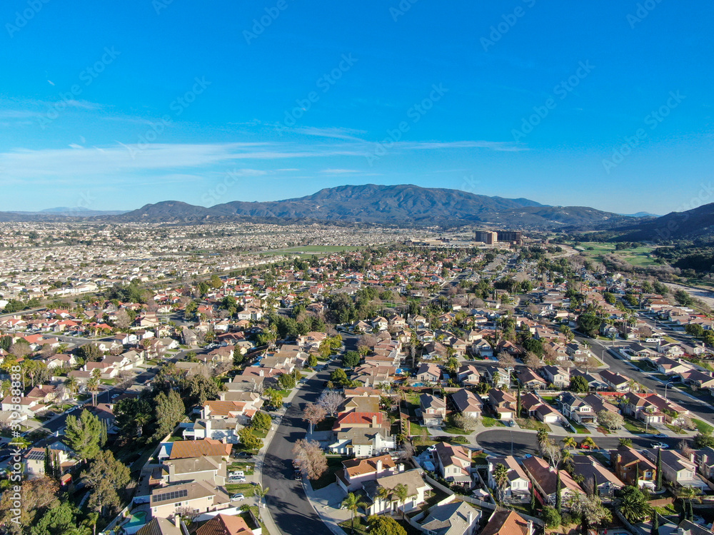 Aerial view of residential town during blue sunny day in Temecula, California, USA.