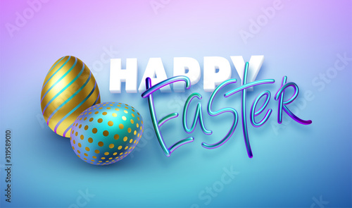 Modern trendy Golden metallic shiny typography Happy Easter on a background of easter eggs. 3D realistic lettering for the design of flyers, leaflets, posters and cards. Vector illustration