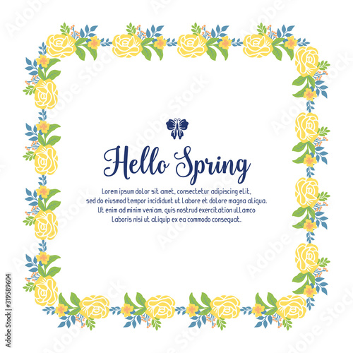 Greeting card template design for hello spring  with unique leaf and floral frame. Vector