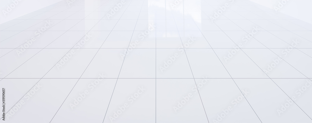 White tile floor background in perspective view. Clean, shiny and symmetry with grid line texture. For decor bathroom, kitchen and laundry room. And empty or copy space for product display. 3d render. - obrazy, fototapety, plakaty 
