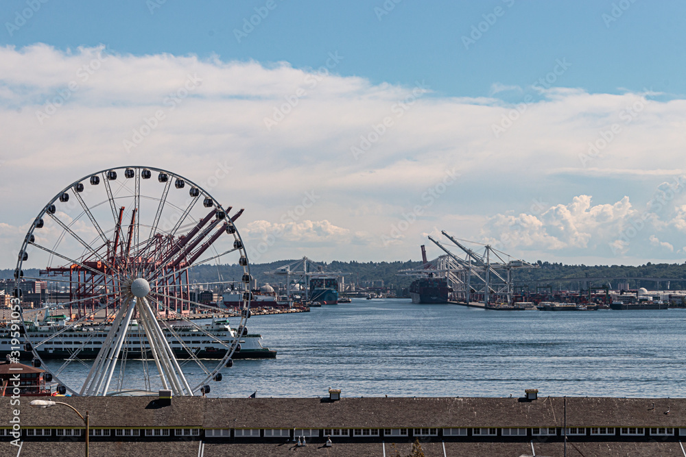 view of the seattle waterfront on a sunny day