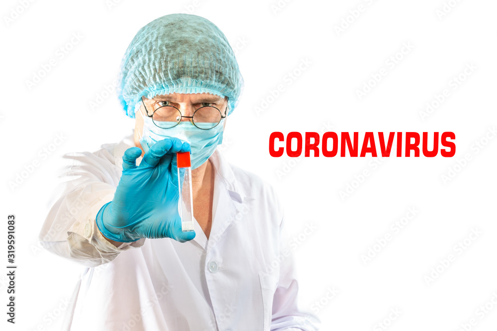 lab technician looks at a test tube of clear liquid, coronavirus