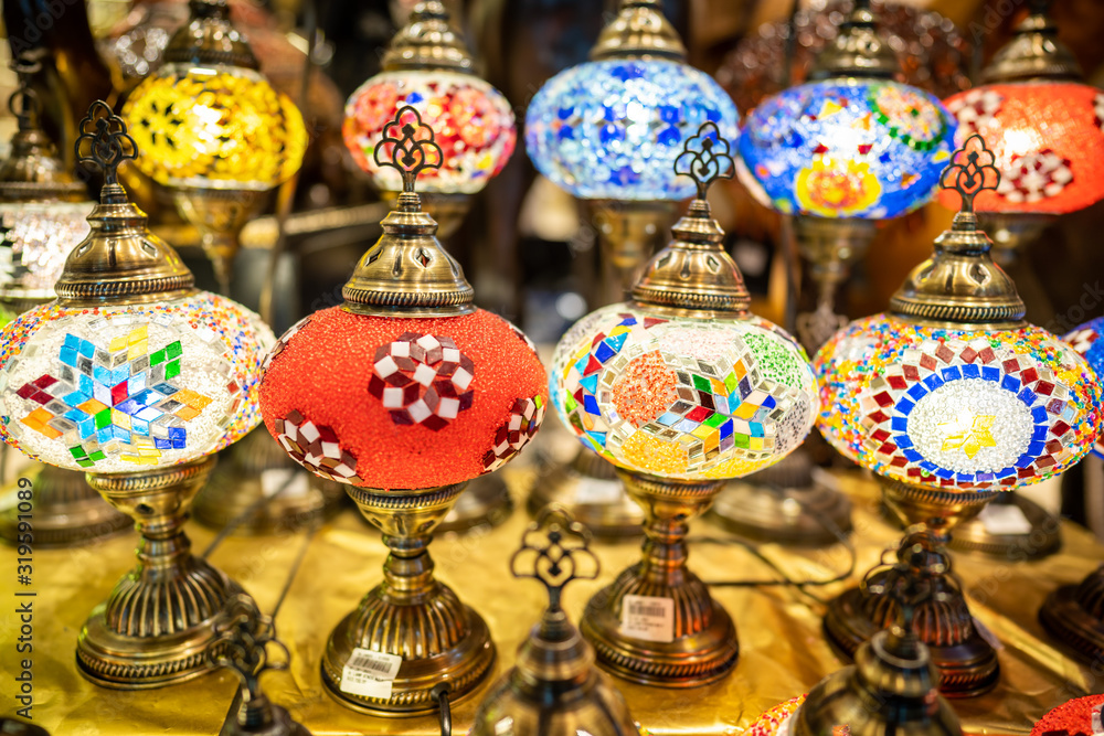 Colorful marble arabic lamp on display, selective focusing