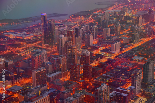 Chicago Aerial Cityscape at Sunset, Illonois, USA photo