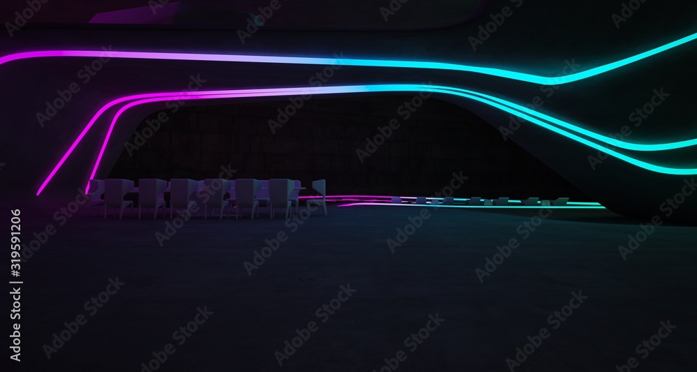 Abstract architectural concrete interior of a minimalist house with colored neon lighting. 3D illustration and rendering.