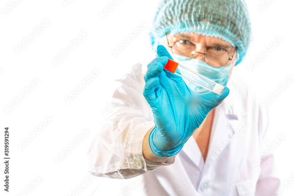 lab technician looks at a test tube of clear liquid, coronavirus lab technician looks at a test tube of clear liquid, coronavirus