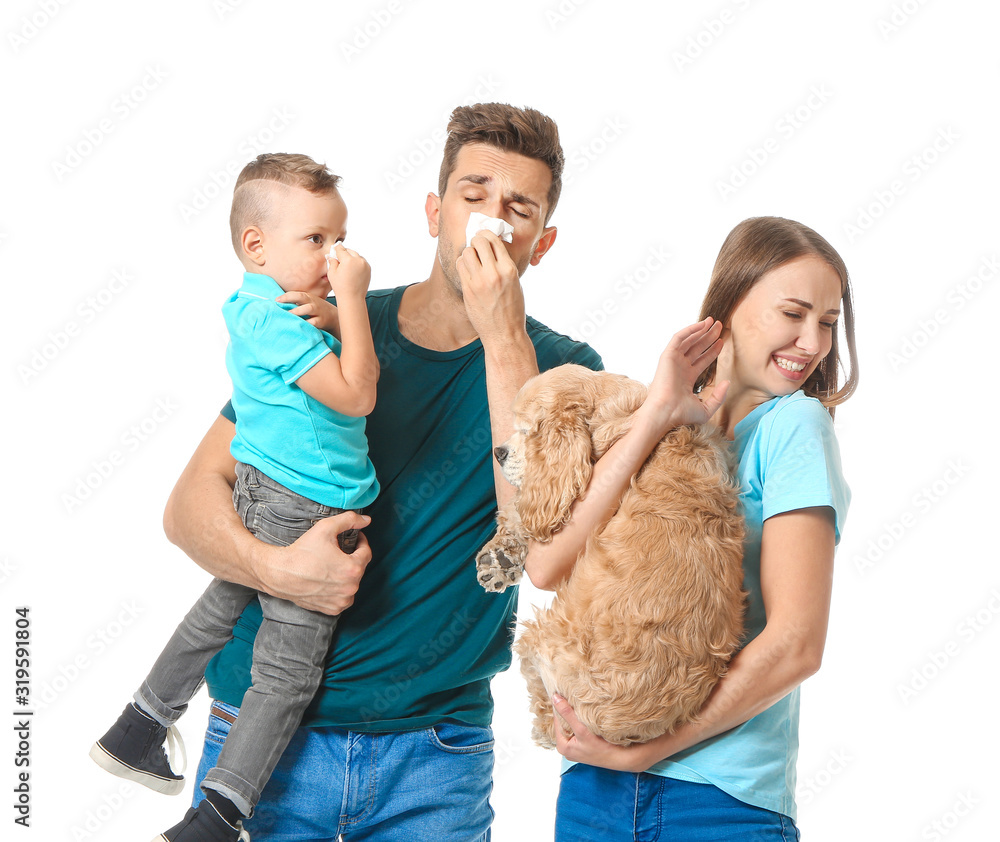 Family with pet allergy on white background Family with pet allergy on white background