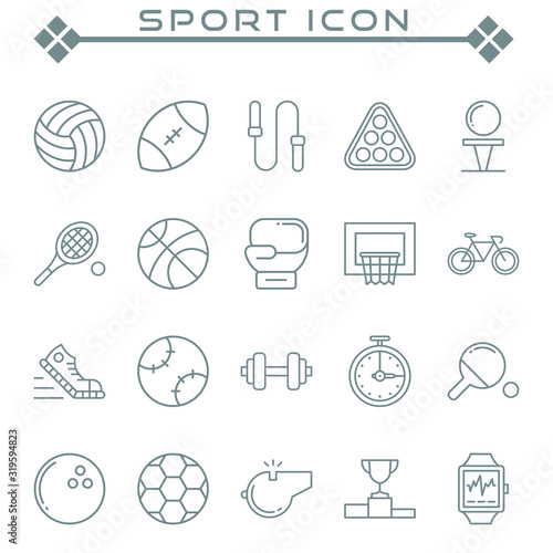 Set of sport Related Vector Line Icons. Contains such as balls, shoes, clocks, bicycles, whistles and more.