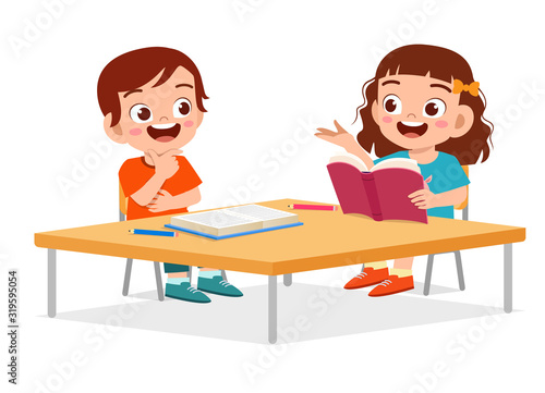 happy cute little kids boy and girl study