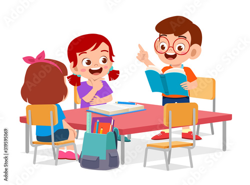 happy cute little kids boy and girl study