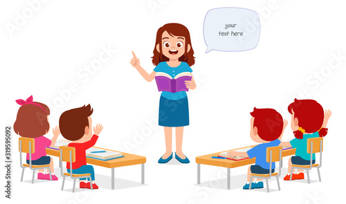 happy cute little kids boy and girl study with teacher